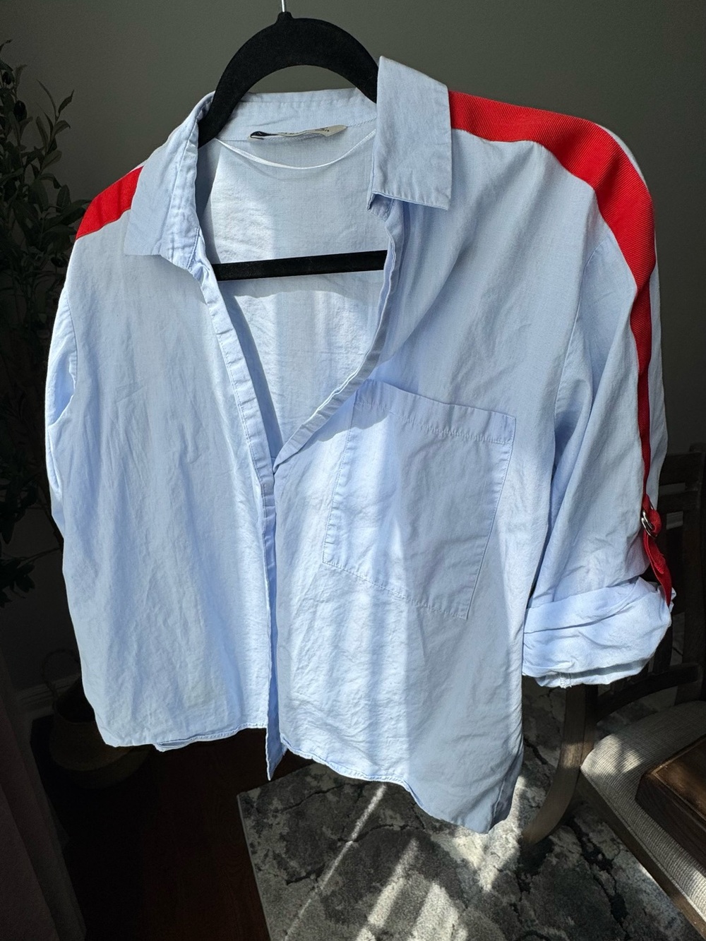 Zara Light Blue Button-Down Shirt with Red Shoulder Stripe